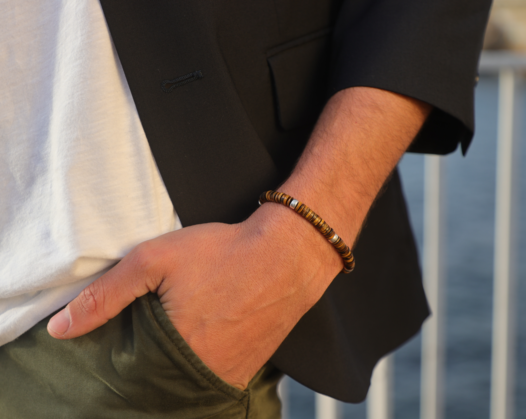 Bracelet unisexe réglable en pierre d'oeil de tigre